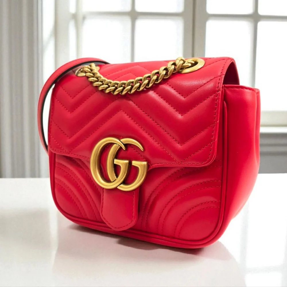 Gucci GG Marmont Matelasse Mini Square Shoulder Bag Red Leather